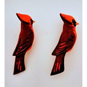 Lot 2 Red Cardinal Pin Vintage Hand Carved & Painted Wooden Bird Brooch